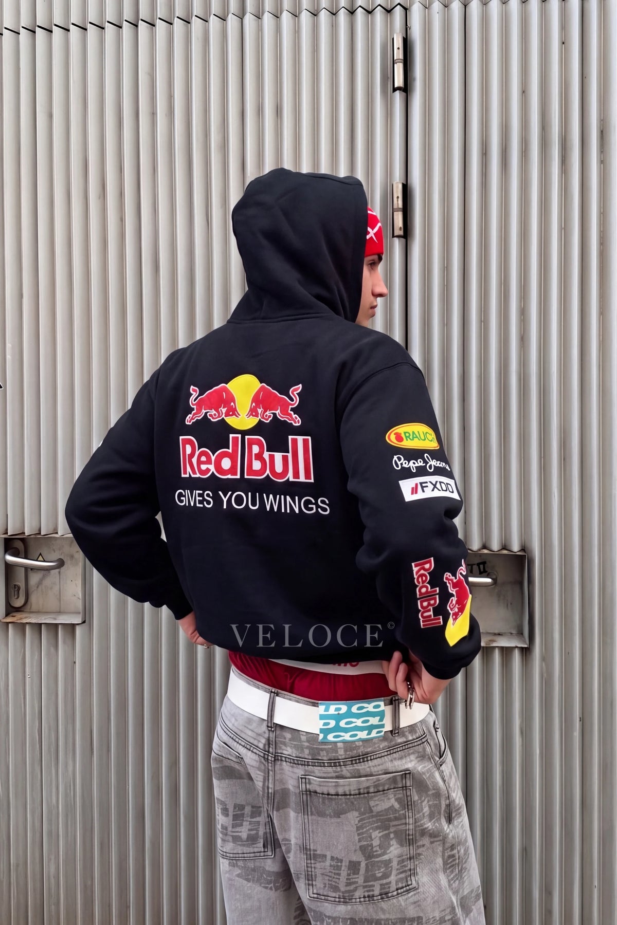 Red Bull Racing F1 hoodie seen from behind in an outdoor setting