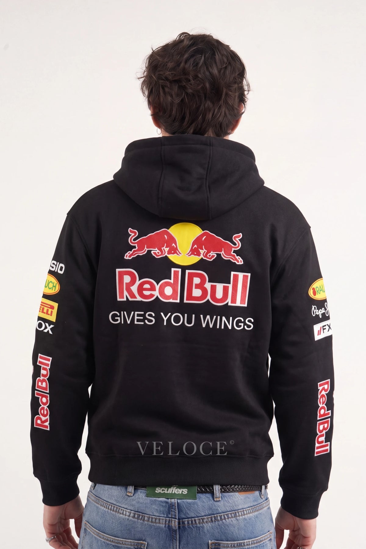 Embroidered Gives You Wings back panel on the black Red Bull Racing F1 hoodie
