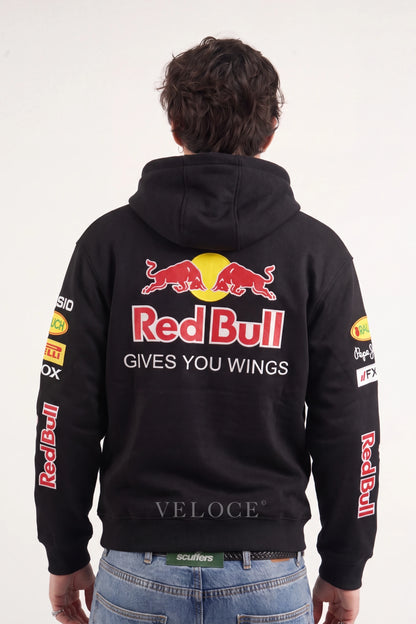 Embroidered Gives You Wings back panel on the black Red Bull Racing F1 hoodie