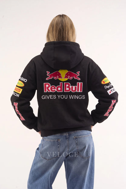 Rear view of the Red Bull Racing F1 hoodie showing the stitched bulls and lettering