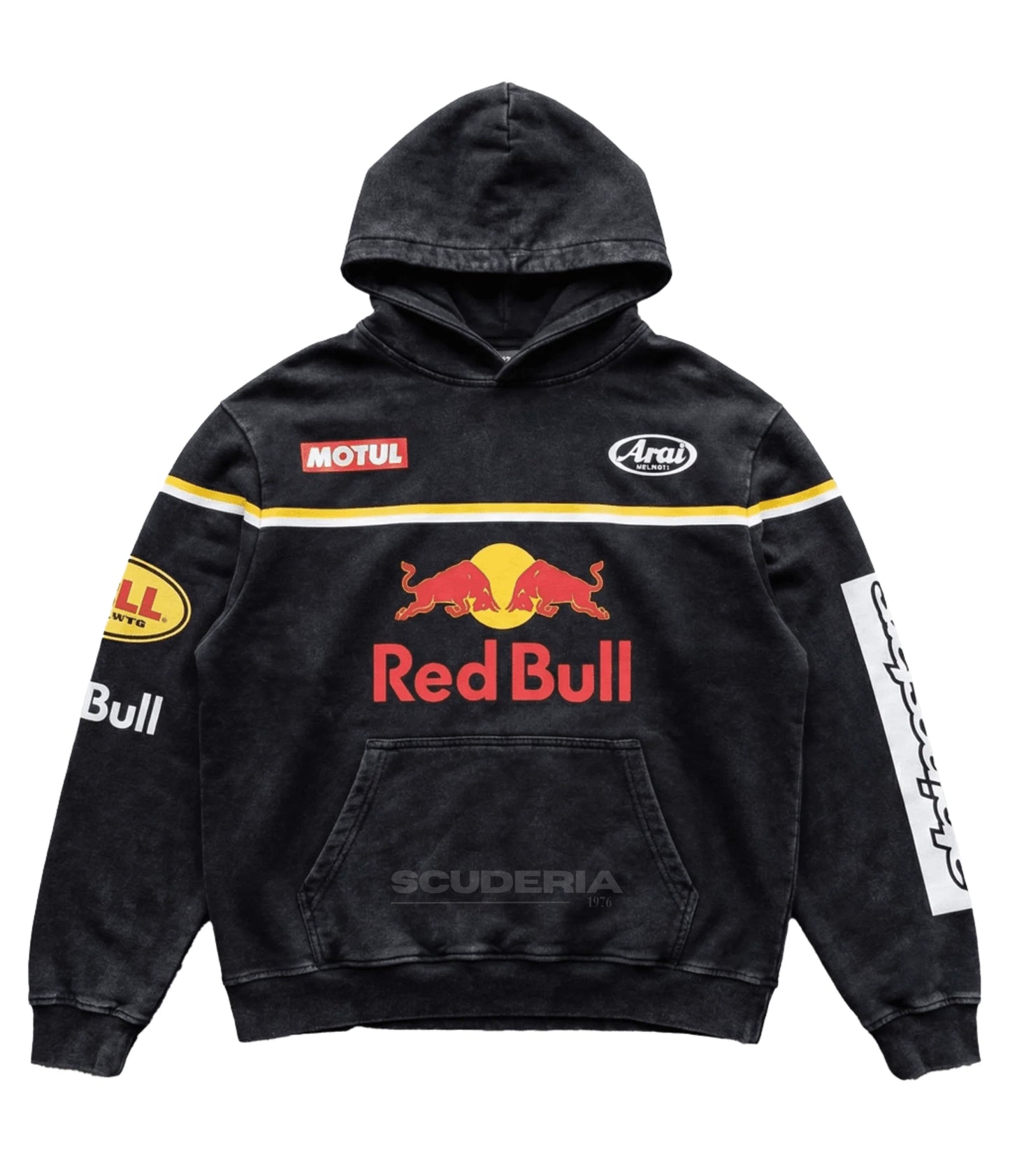 Red Bull Racing Hoodie black washed front view men – oversized vintage motorsport sweatshirt with large Red Bull logo, Motul and Arai Helmets sponsor patches, yellow stripe detail, MotoGP racing streetwear