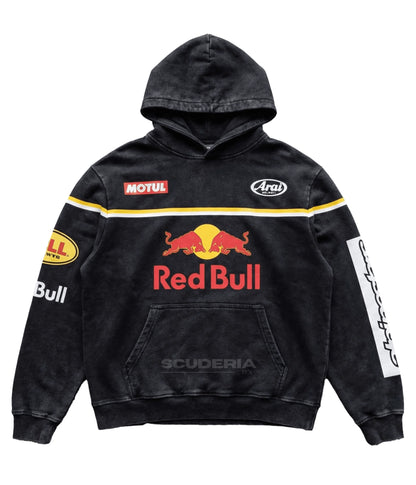 Red Bull Racing Hoodie black washed front view men – oversized vintage motorsport sweatshirt with large Red Bull logo, Motul and Arai Helmets sponsor patches, yellow stripe detail, MotoGP racing streetwear