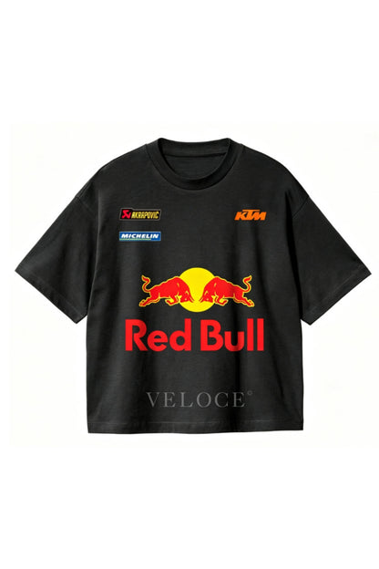 Red Bull Racing T-Shirt in black with red and yellow bulls and Akrapovic, Michelin and KTM logos on the front