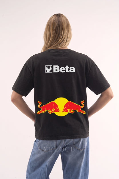 Woman wearing the Red Bull Racing T-Shirt from behind, showing the Beta logo and bulls graphic