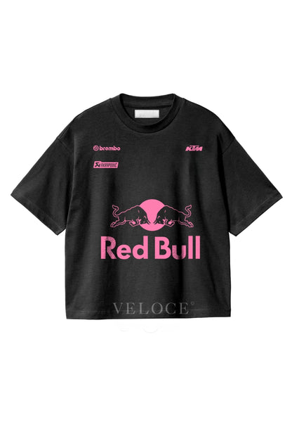 Red Bull Racing T-Shirt in faded black with hot pink bulls and Brembo, KTM and Akrapovic logos on the front