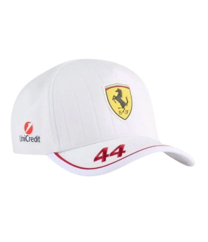 Scuderia Ferrari F1 White Edition embroidered cap with red trim and Lewis Hamilton number 44