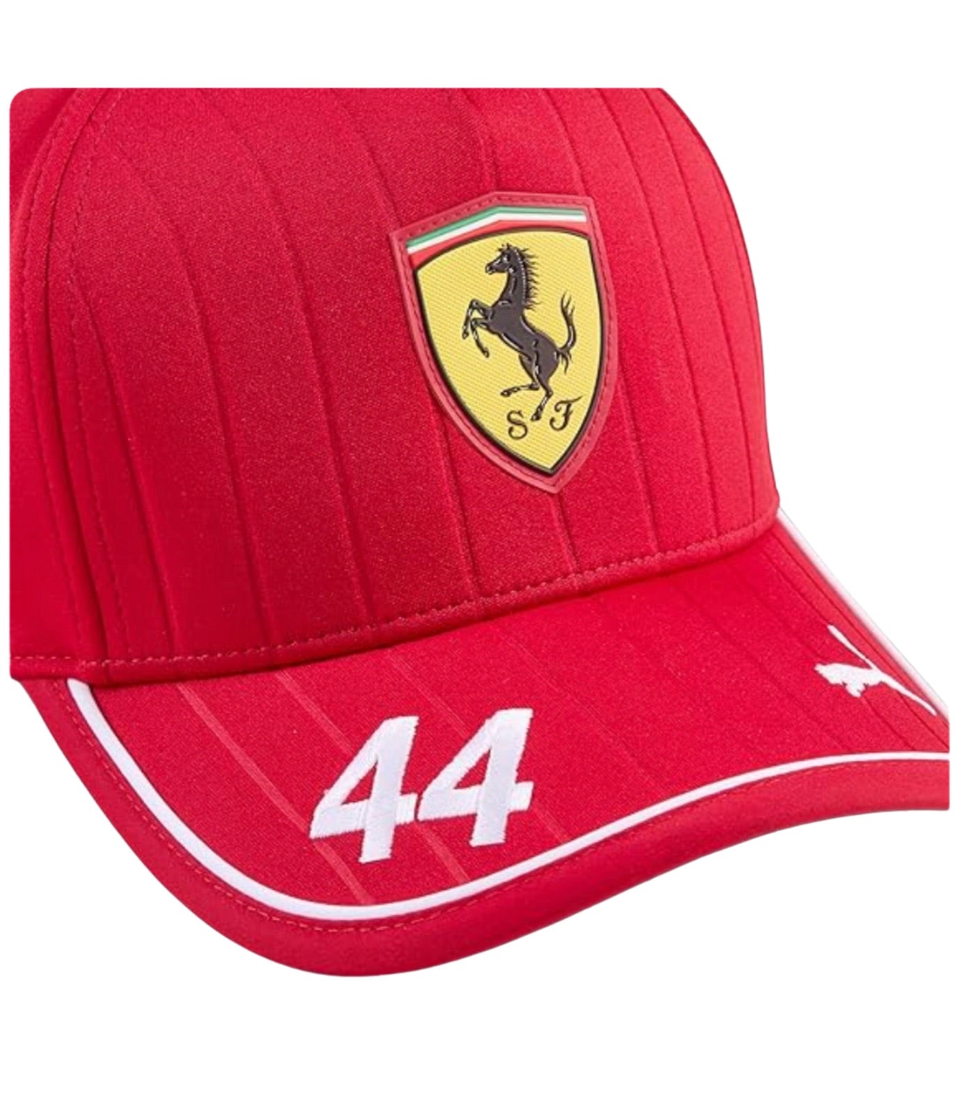 Close-up of the embroidered number 44 and Puma logo on the red Scuderia Ferrari F1 cap
