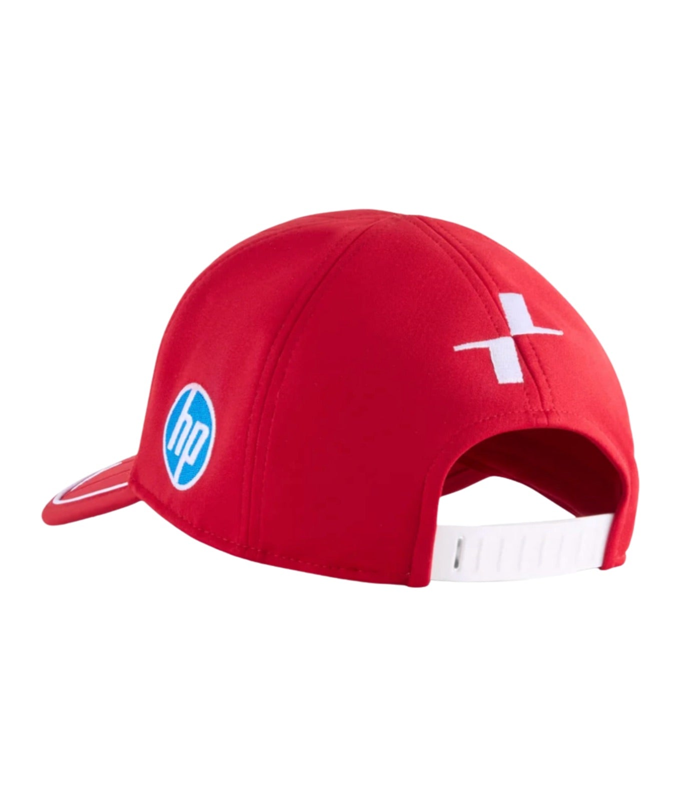 Back of the red Scuderia Ferrari F1 embroidered cap showing the HP logo and white adjustable strap