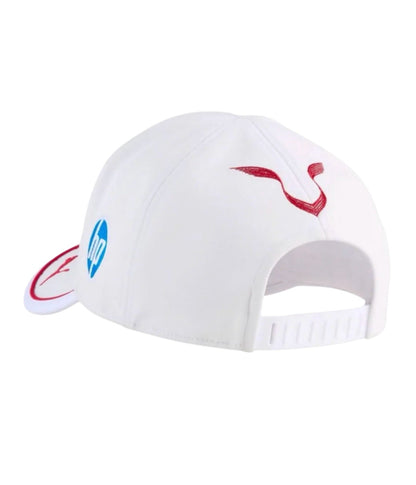 Back of the white Scuderia Ferrari F1 embroidered cap showing the HP logo, Puma mark and adjustable strap
