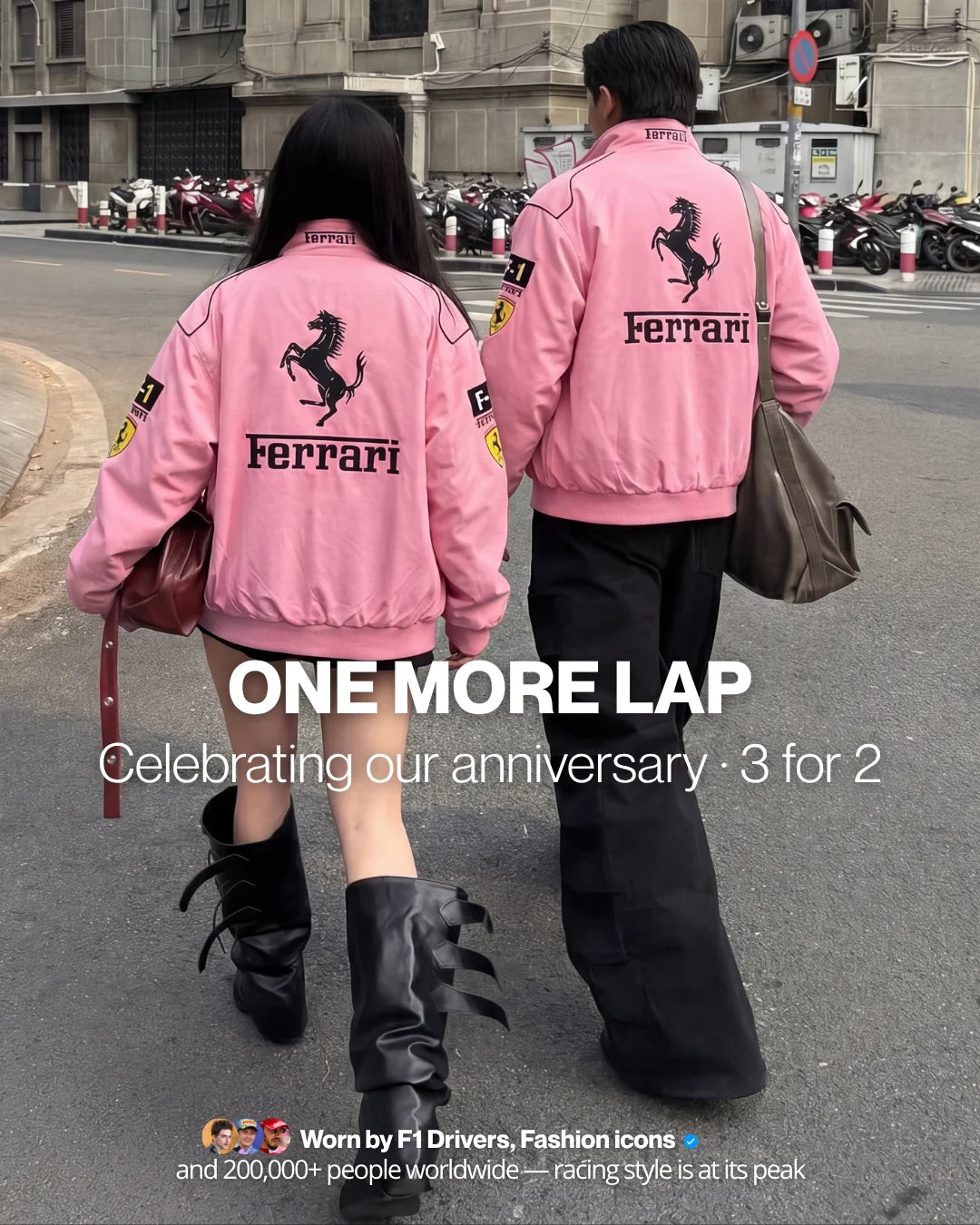 Couple walking in matching pink vintage racing jackets – VELOCE anniversary, one more lap, 3 for 2
