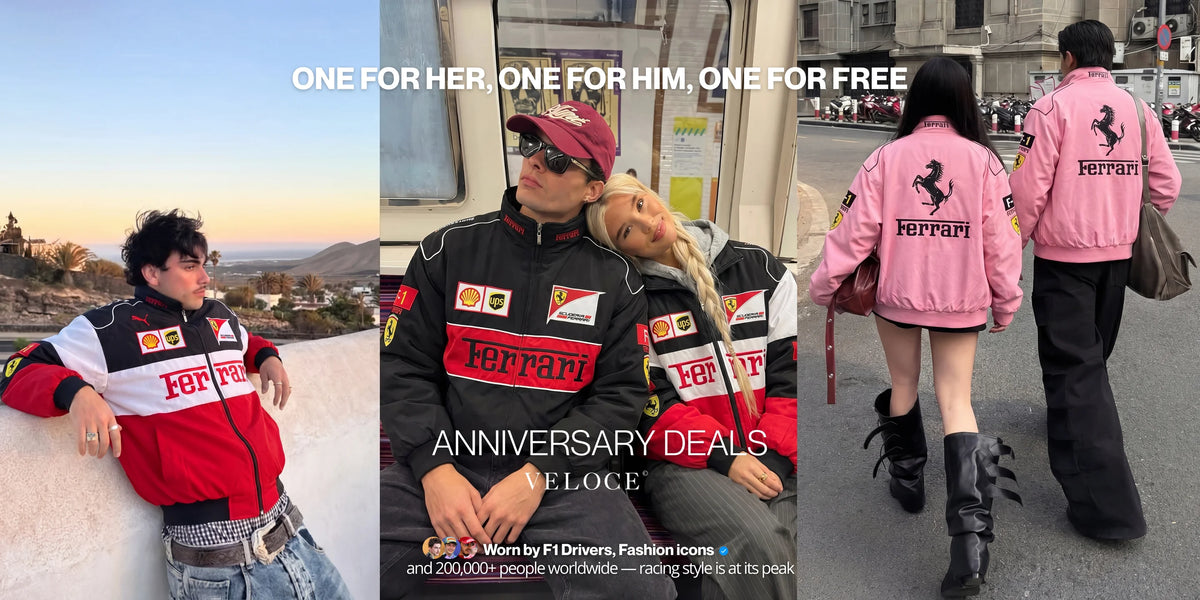 VELOCE anniversary: one for her, one for him, one for free – couples styling vintage racing jackets, buy 2 get 1 free