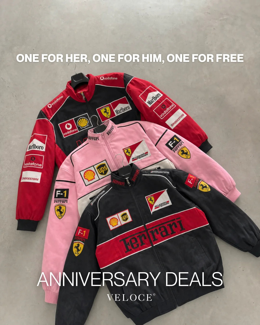 Red, pink and black vintage racing jackets laid flat – VELOCE anniversary, one for her, one for him, one for free