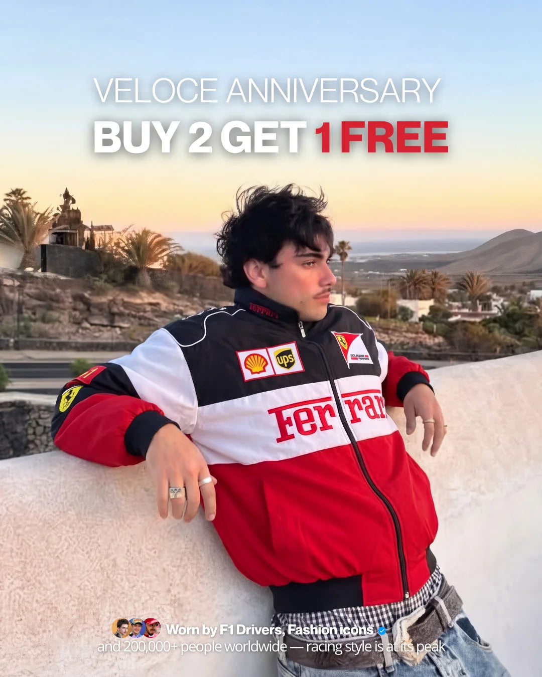 Man in a red and white vintage racing jacket at sunset – VELOCE anniversary, buy 2 get 1 free