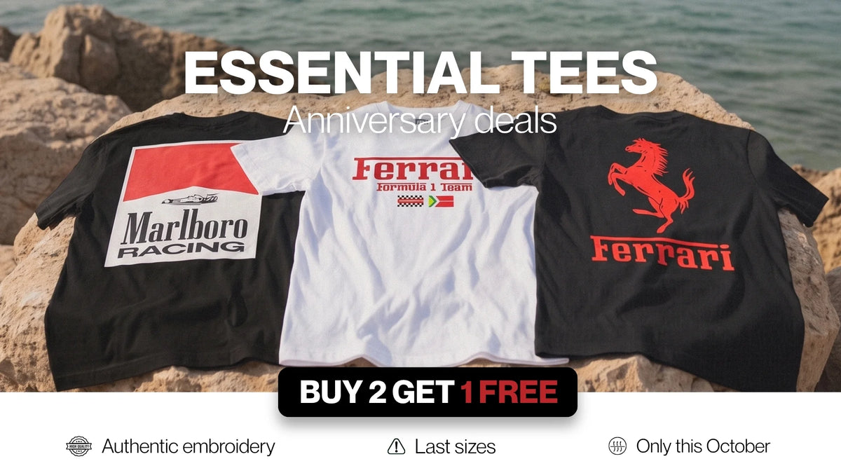 Three racing graphic tees on the rocks – VELOCE essential tees, anniversary deals, buy 2 get 1 free