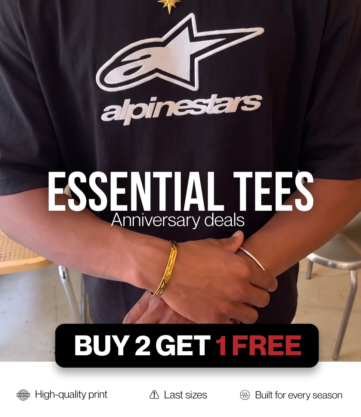 Black racing graphic tee close-up – VELOCE essential tees, anniversary deals, buy 2 get 1 free