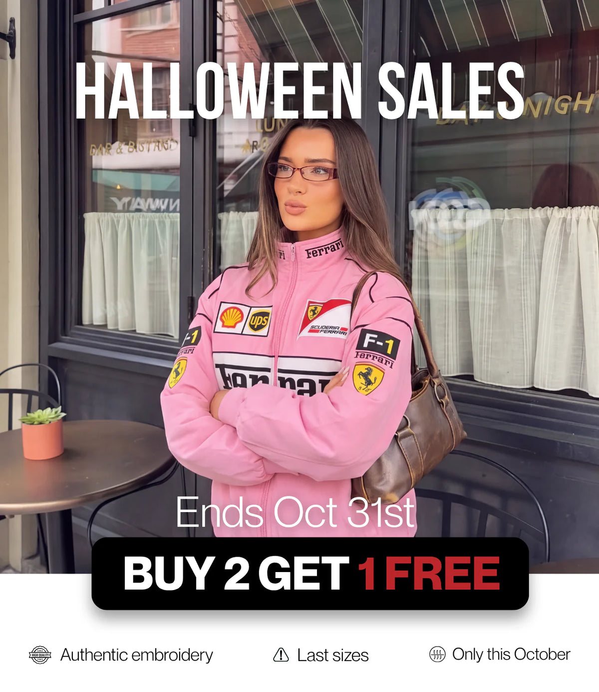 Woman in a pink racing jacket outfit outside a cafe - VELOCE Halloween sales, buy 2 get 1 free, ends Oct 31st