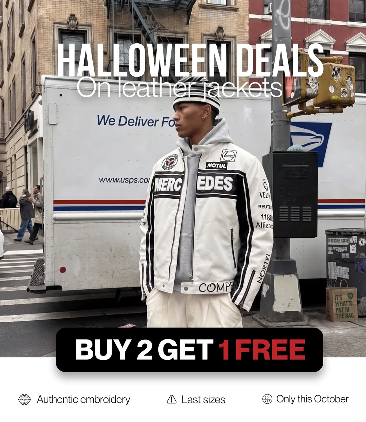 Man in a white Mercedes leather racing jacket outfit in New York - VELOCE Halloween deals on leather jackets, buy 2 get 1 free