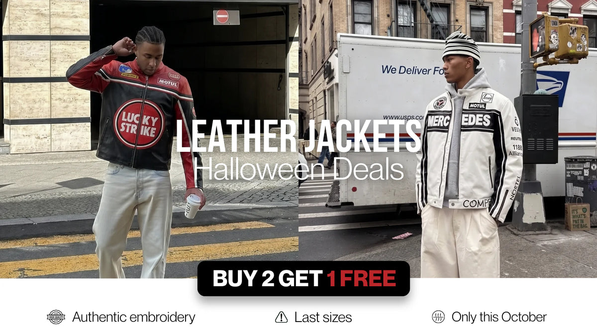 Lucky Strike and Mercedes leather racing jacket outfits in the street - VELOCE leather jackets Halloween deals, buy 2 get 1 free