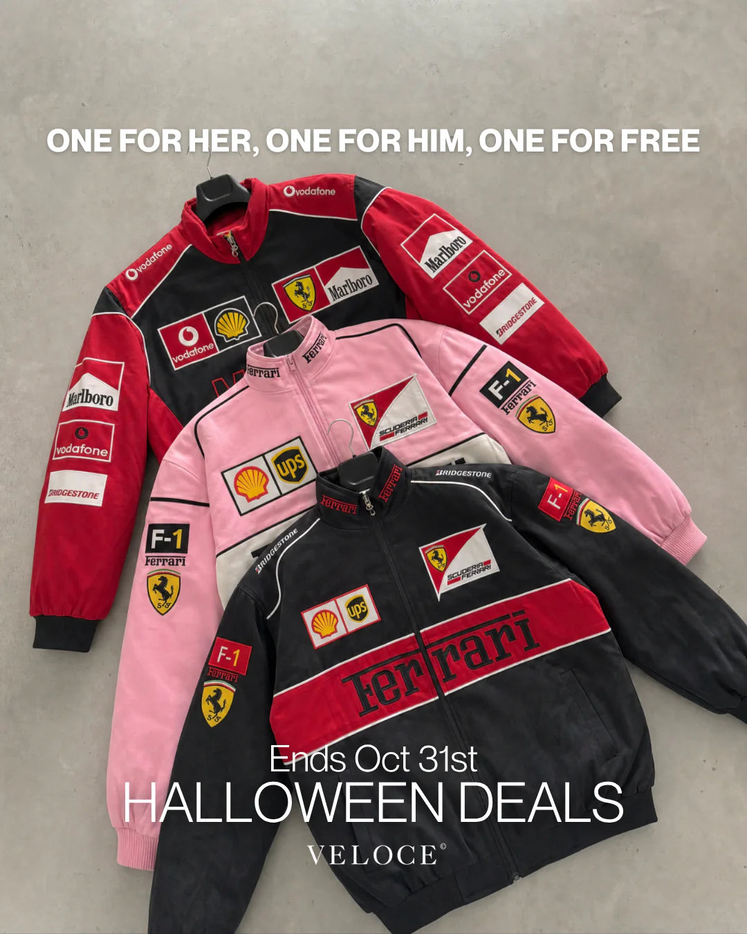 Red, pink and black racing jackets laid out on concrete - VELOCE Halloween deals, one for her, one for him, one for free, ends Oct 31st