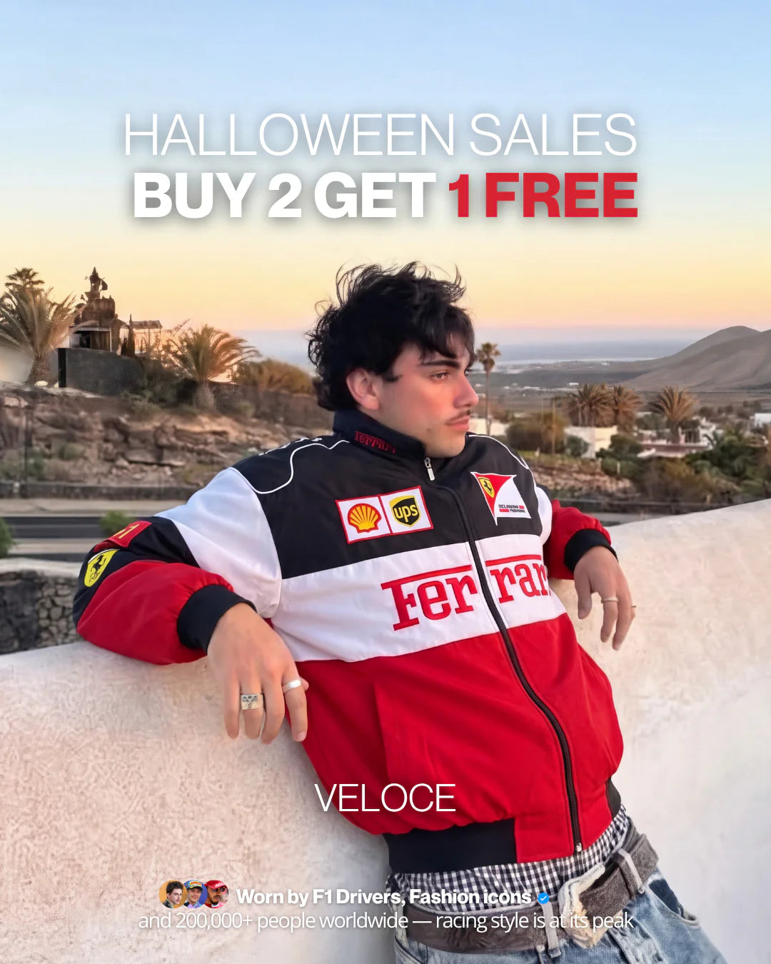 Man in a red, white and black racing jacket outfit at sunset - VELOCE Halloween sales, buy 2 get 1 free