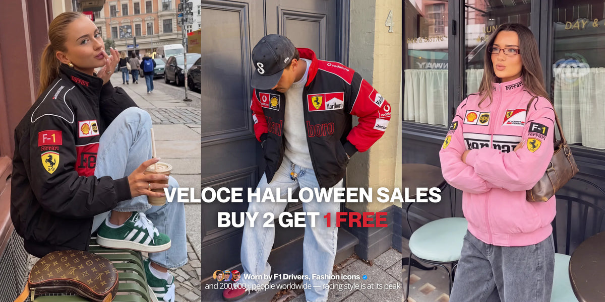 Three racing jacket outfits in black, red and pink styled in the street - VELOCE Halloween sales, buy 2 get 1 free