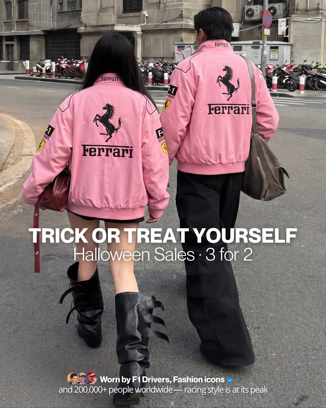 Couple walking away in matching pink racing jacket outfits - VELOCE, trick or treat yourself, Halloween sales 3 for 2