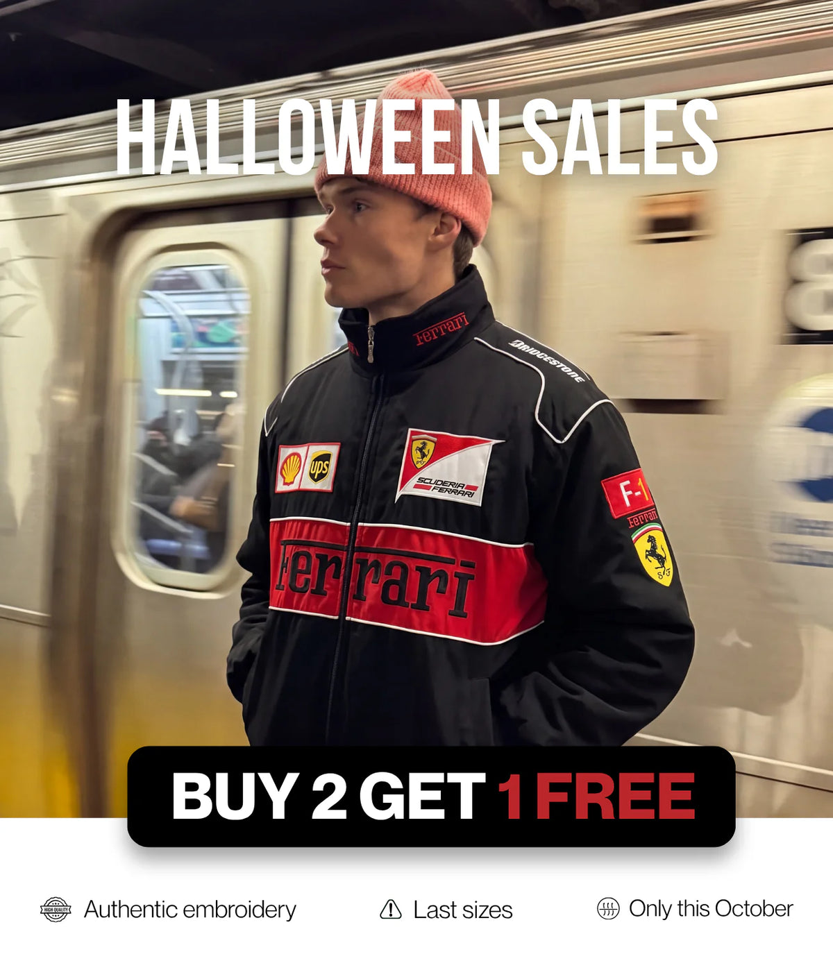 Man in a black and red racing jacket outfit on a subway platform - VELOCE Halloween sales, buy 2 get 1 free