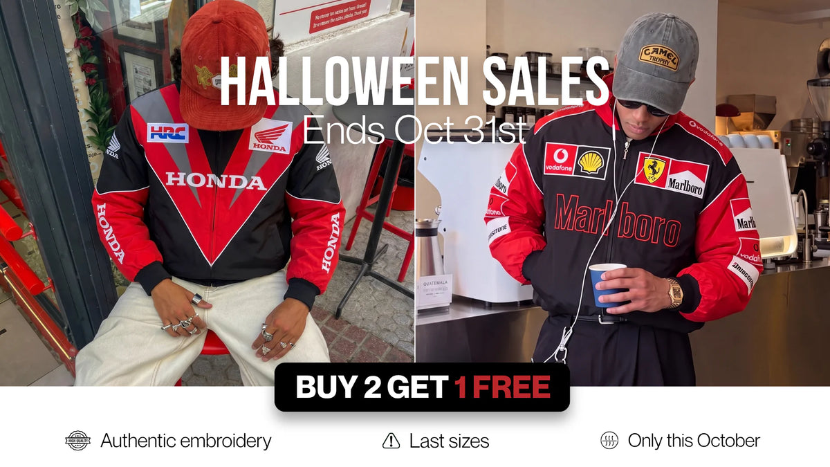 Two racing jacket street style looks, Honda and Marlboro - VELOCE Halloween sales, buy 2 get 1 free, ends Oct 31st