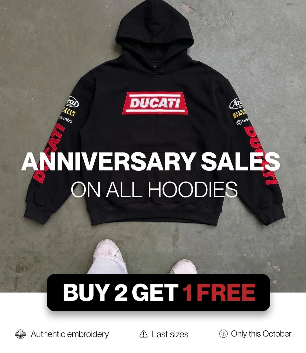 Black embroidered racing hoodie flat lay – VELOCE anniversary sale on all hoodies, buy 2 get 1 free