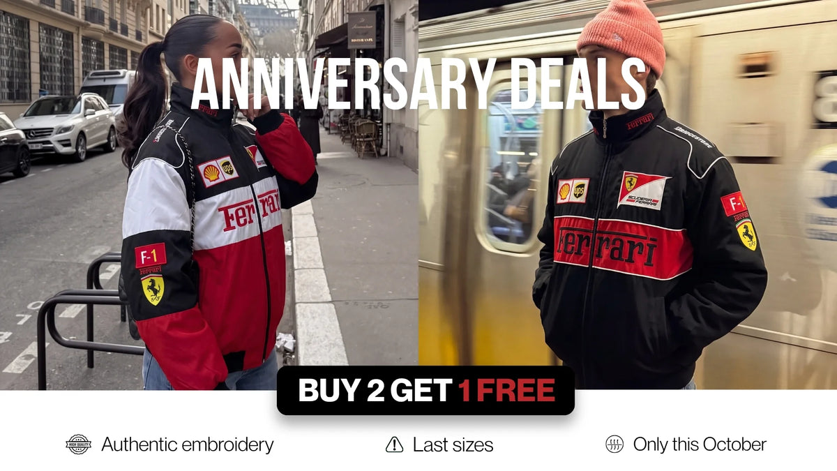 Black and red vintage racing jackets styled in the city – VELOCE anniversary deals, buy 2 get 1 free