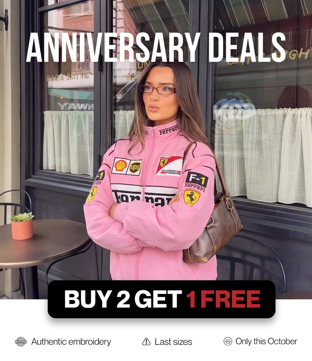 Woman in a pink vintage racing jacket, streetwear look – VELOCE anniversary deals, buy 2 get 1 free